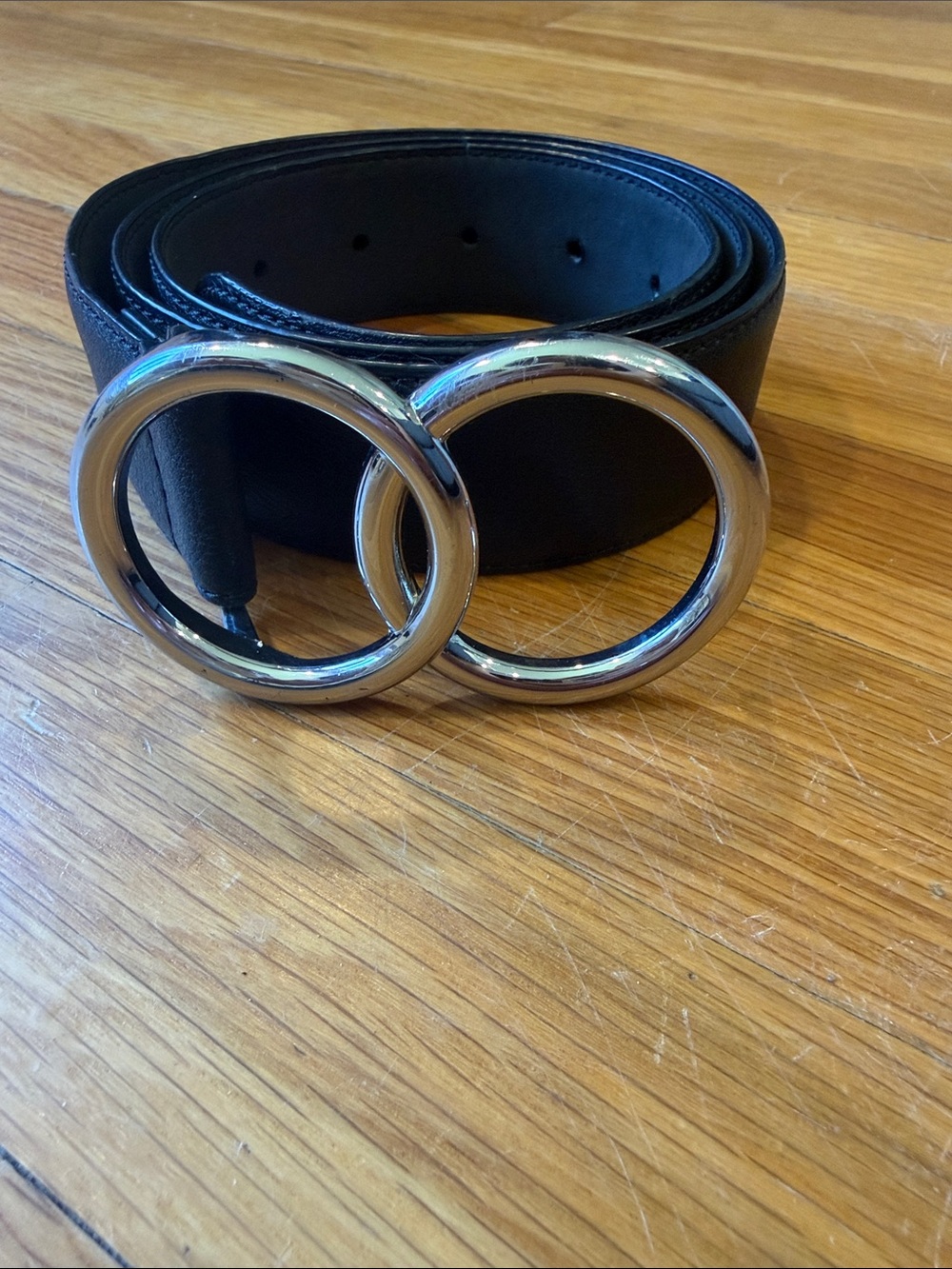 Express Black Leather Belt with Double-Ring Silver Buckle